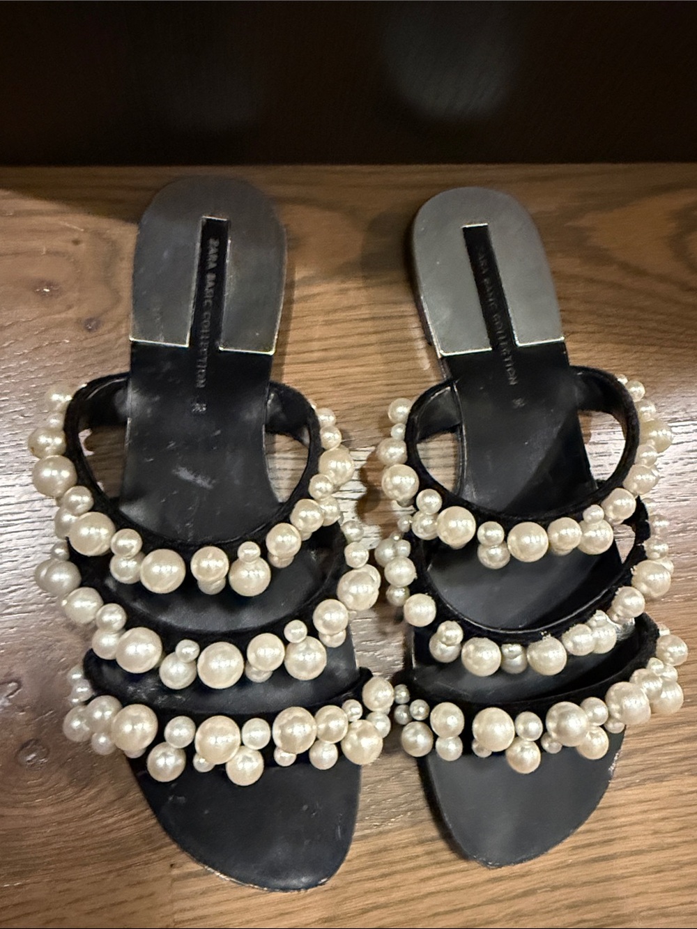 Zara Pearl-Embellished Black Slide Sandals